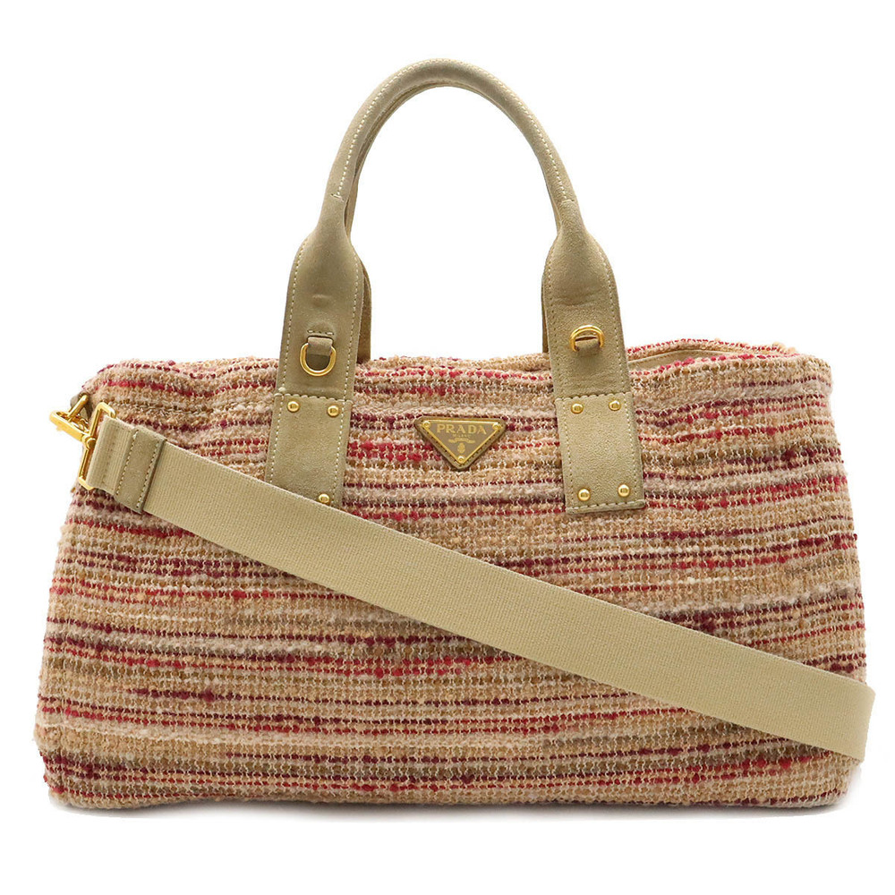 Prada Canapa Tweed Tote Bag Handbag Shoulder Suede Pink Multicolor